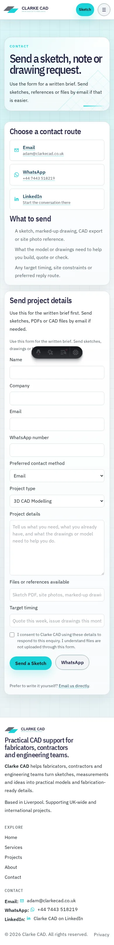 Clarke CAD mobile contact page with project enquiry fields and contact options